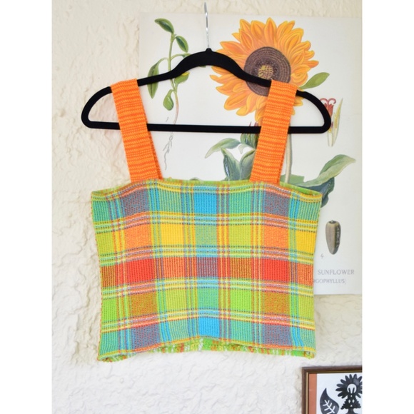 handmade chartreuse green orange teal vintage towel tank crop top (S) - Picture 2 of 6